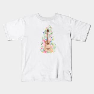 Watercolor Acoustic Guitar with Flowers Kids T-Shirt